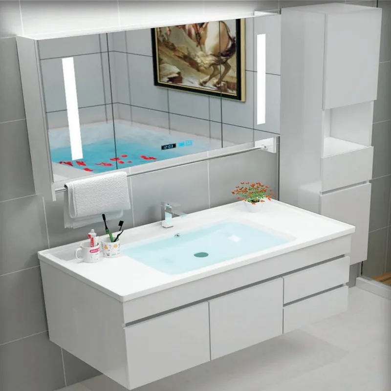 Light Gray Vanity with Tall Storage Towers Custom Stainless Steel Bathroom Vanity FW-BV-023