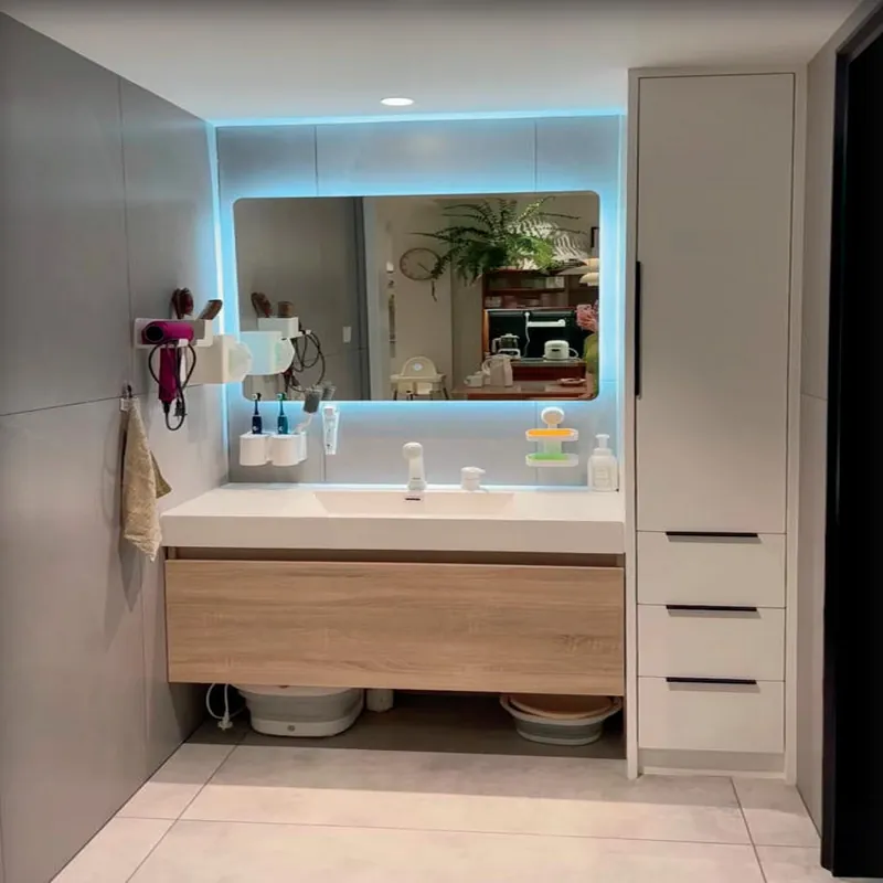 Light Oak Floating Vanity with Storage Tower Custom Stainless Steel Bathroom Vanity FW-BV-033