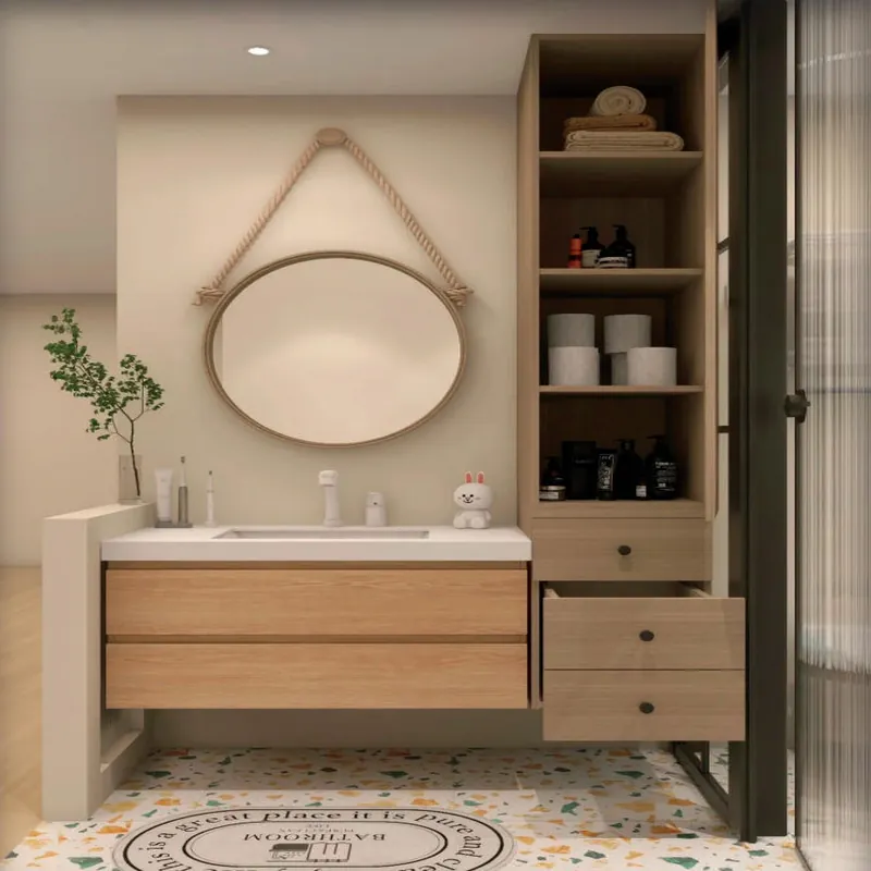 Light Oak Vanity with Open Side Tower Custom Stainless Steel Bathroom Vanity FW-BV-041