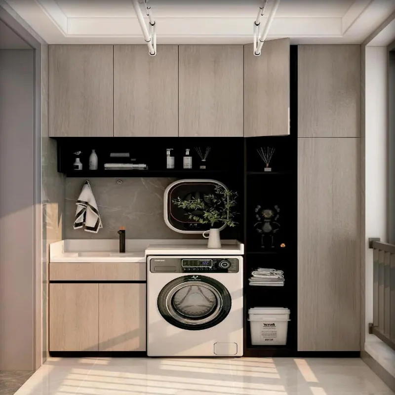 Light Wood and Black Laundry Wall Cabinet Custom Stainless Steel Balcony Cabinets FW-BC-020