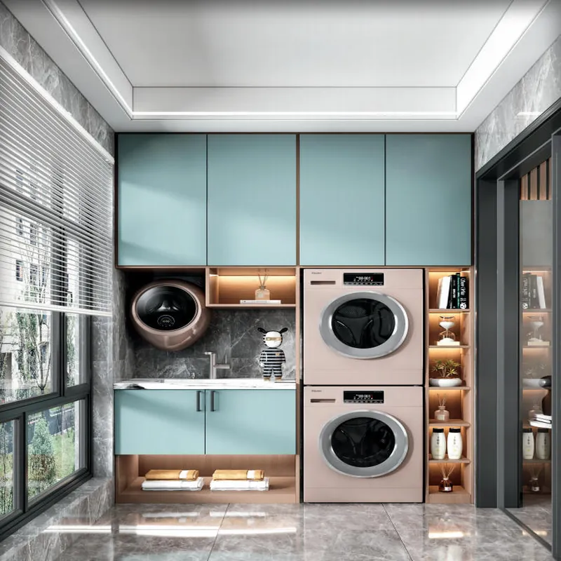 Mint Green Dual Laundry Tower Custom Stainless Steel Balcony Cabinets FW-BC-019