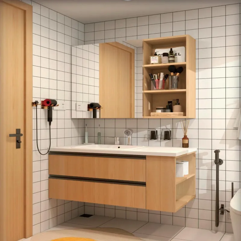 Natural Oak Floating Vanity with Wall Cubby Custom Stainless Steel Bathroom Vanity FW-BV-044