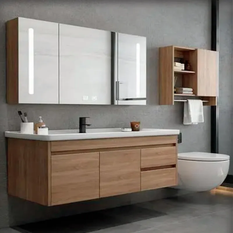 Natural Oak Floating Wood-Tone Vanity Custom Stainless Steel Bathroom Vanity FW-BV-015