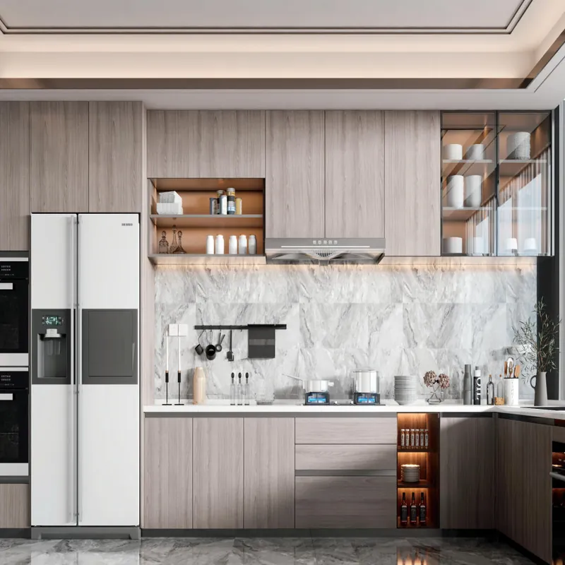 Oak and White Island Kitchen Modern Stainless Steel Cabinets FW-MK-012