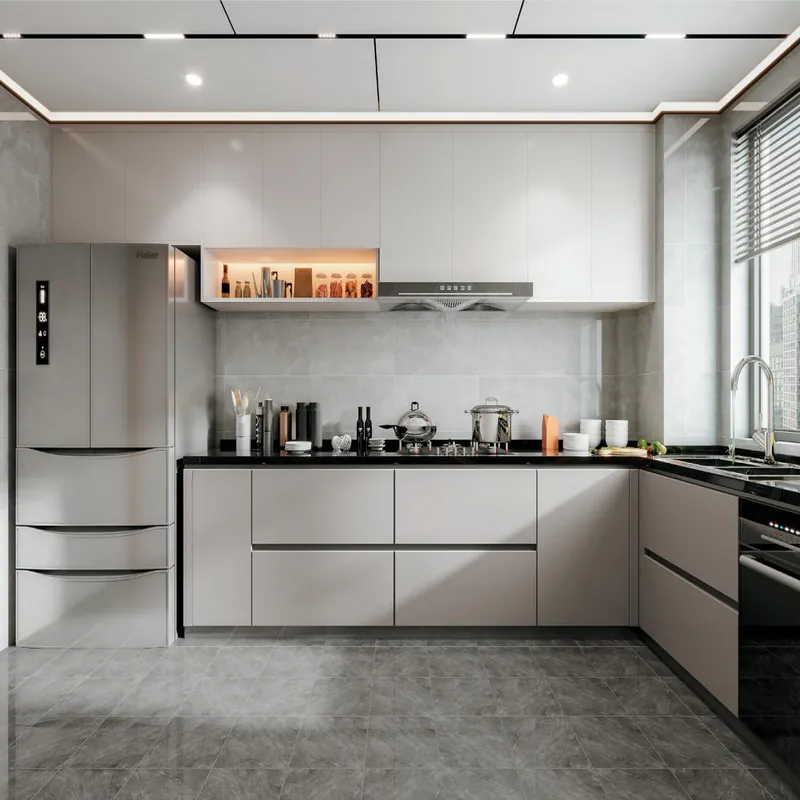 Pale Gray L-Shaped Kitchen Modern Stainless Steel Cabinets FW-MK-015
