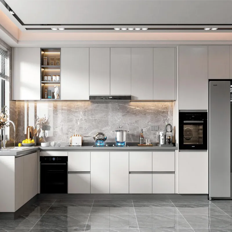 Pearl Gray L-Shaped Kitchen Modern Stainless Steel Cabinets FW-MK-001