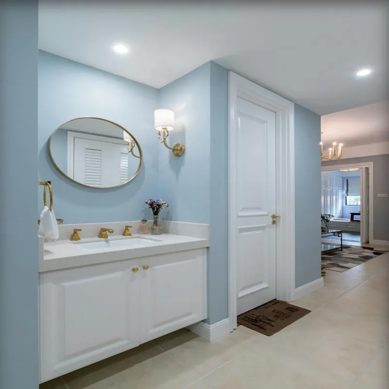 Powder Blue Classic Vanity with Round Mirror Custom Stainless Steel Bathroom Vanity FW-BV-060