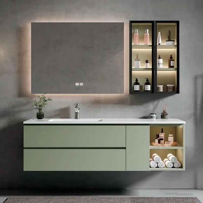 Sage Green Floating Vanity with Display Tower Custom Stainless Steel Bathroom Vanity FW-BV-009
