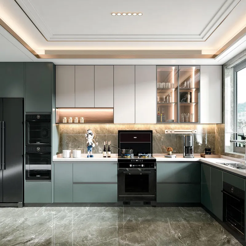 Sage Green U-Shaped Kitchen Modern Stainless Steel Cabinets FW-MK-005