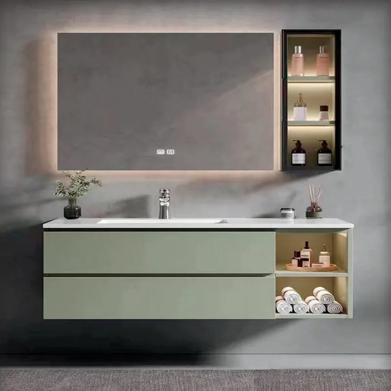 Sage Green Wide Vanity with Open Side Storage Custom Stainless Steel Bathroom Vanity FW-BV-010