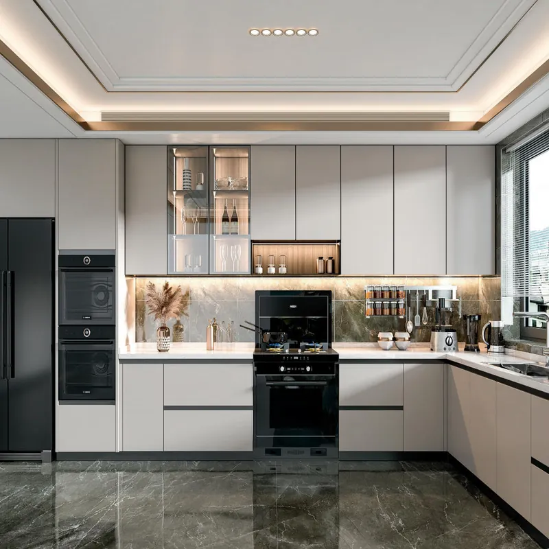 Soft Gray U-Shaped Kitchen Modern Stainless Steel Cabinets FW-MK-002