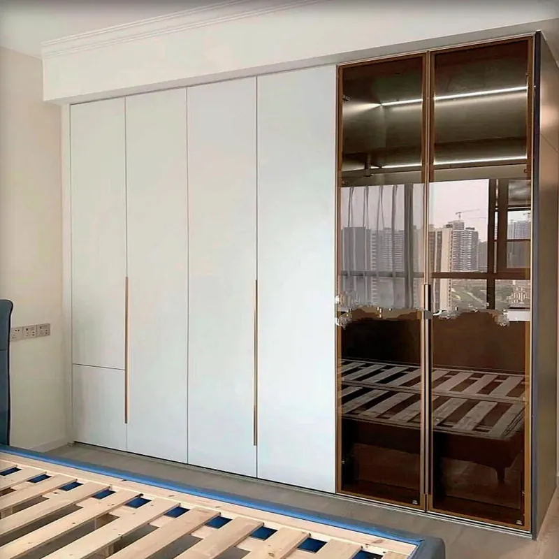 Soft White and Bronze Wardrobe with Glass Display Custom Stainless Steel Wardrobe FW-WD-004