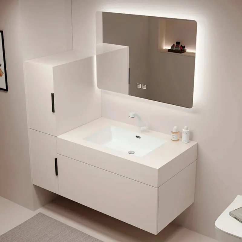 Soft White Corner Vanity with Side Tower Custom Stainless Steel Bathroom Vanity FW-BV-055