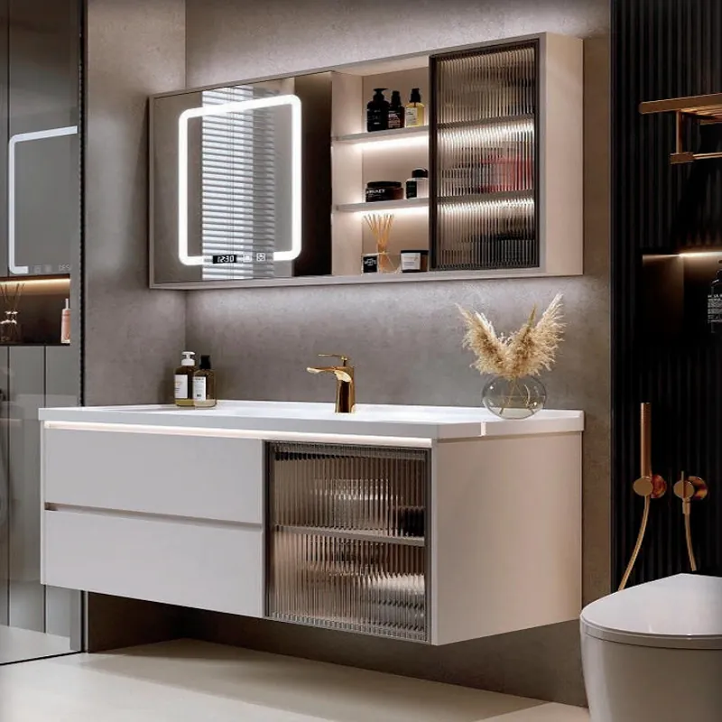 Soft White Curved-Edge Vanity with Display Cabinet Custom Stainless Steel Bathroom Vanity FW-BV-027