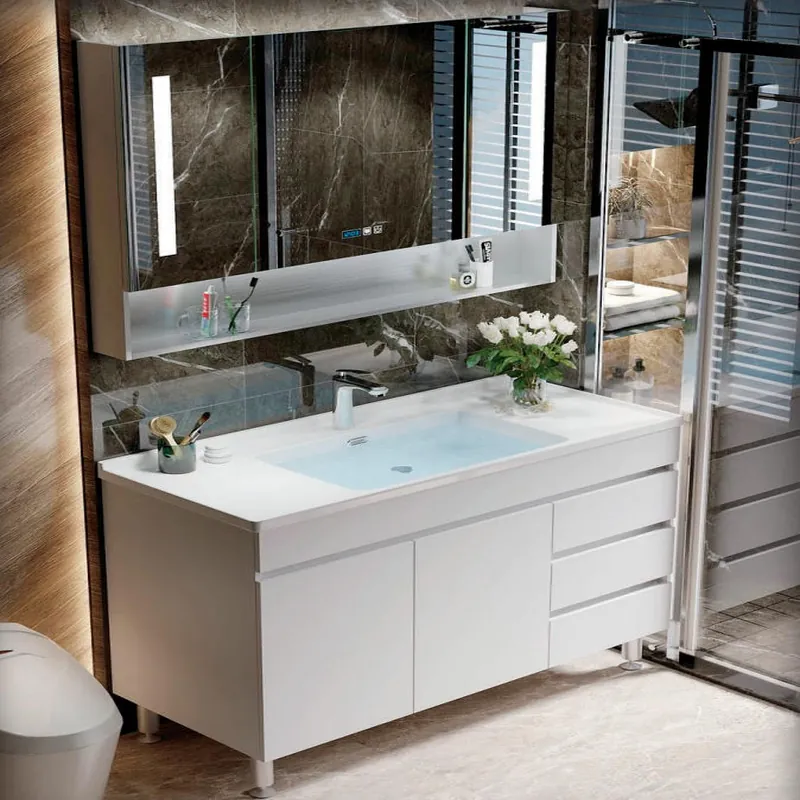 Soft White Wide Floating Vanity with Side Shelves Custom Stainless Steel Bathroom Vanity FW-BV-022