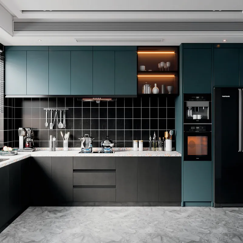 Teal and Graphite U-Shaped Kitchen Modern Stainless Steel Cabinets FW-MK-023