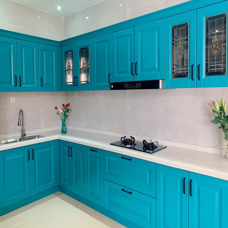 Turquoise Blue L-Shaped Kitchen European Stainless Steel Cabinets FW-EK-003