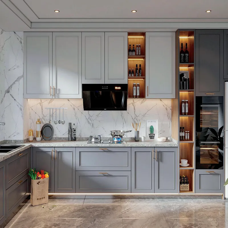 Two-Tone Gray L-Shaped Wall Kitchen European Stainless Steel Cabinets FW-EK-001