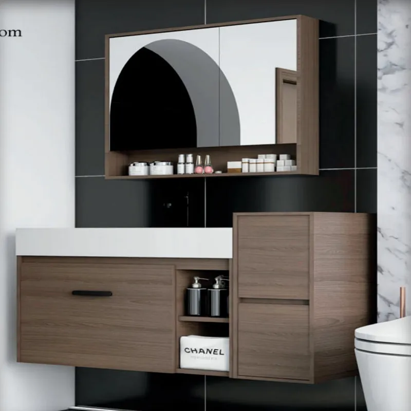 Walnut and Black Vanity with Tall Side Cabinet Custom Stainless Steel Bathroom Vanity FW-BV-016
