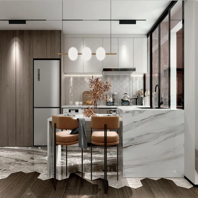 Walnut and Marble Peninsula Kitchen Modern Stainless Steel Cabinets FW-MK-039