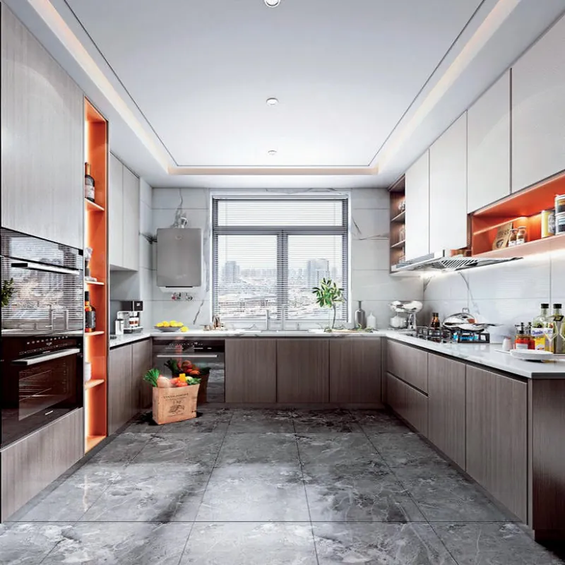 Walnut and White Galley Kitchen Modern Stainless Steel Cabinets FW-MK-028