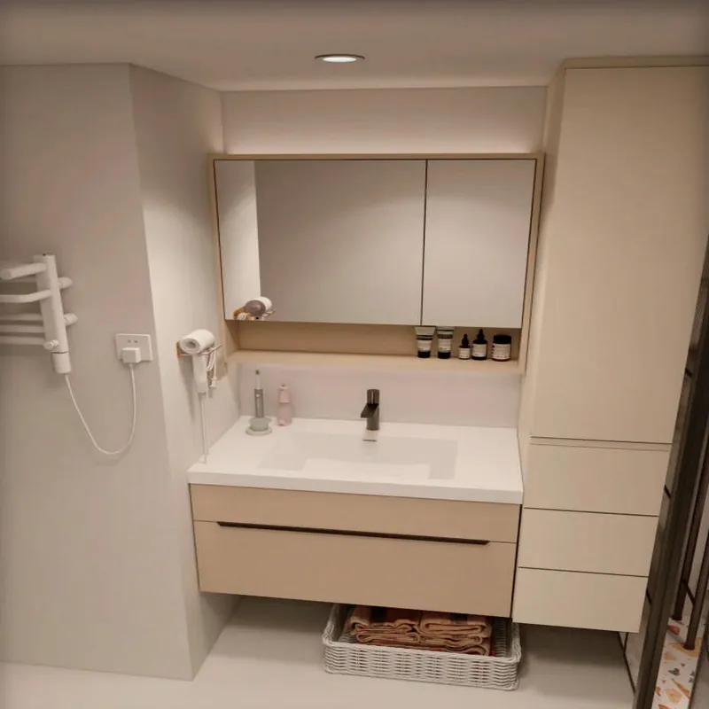 Warm Beige Compact Vanity with Open Towel Shelf Custom Stainless Steel Bathroom Vanity FW-BV-034