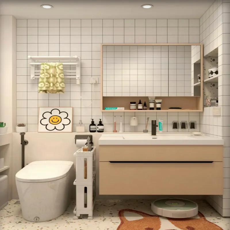 Warm Beige Floating Vanity with Framed Mirror Custom Stainless Steel Bathroom Vanity FW-BV-043