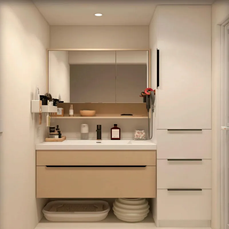 Warm Beige Vanity with Tall Linen Cabinet Custom Stainless Steel Bathroom Vanity FW-BV-035