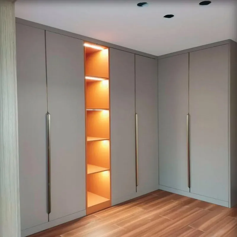 Warm Gray Corner Wardrobe with Open Shelves Custom Stainless Steel Wardrobe FW-WD-003