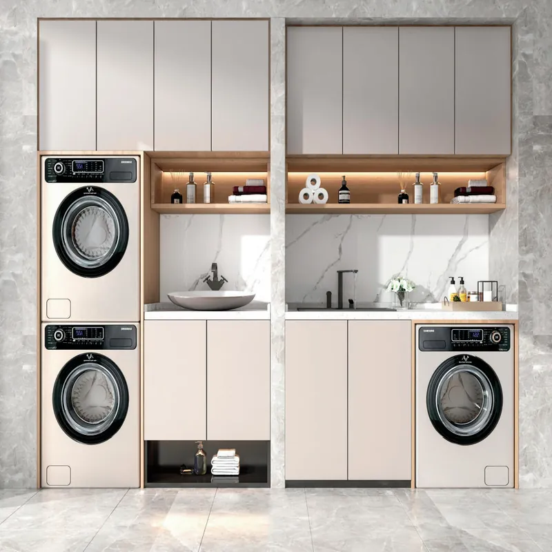 Warm Gray Dual Tower Sink Cabinet Custom Stainless Steel Balcony Cabinets FW-BC-033