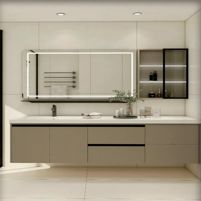 Warm Greige Long Vanity with Display Tower Custom Stainless Steel Bathroom Vanity FW-BV-039