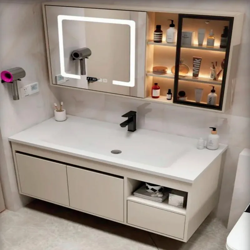 Warm Ivory Vanity with Lit Mirror and Display Shelves Custom Stainless Steel Bathroom Vanity FW-BV-003