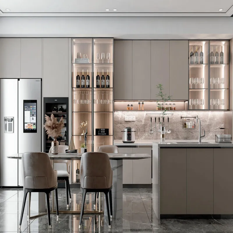 Warm Taupe Island Kitchen Modern Stainless Steel Cabinets FW-MK-036