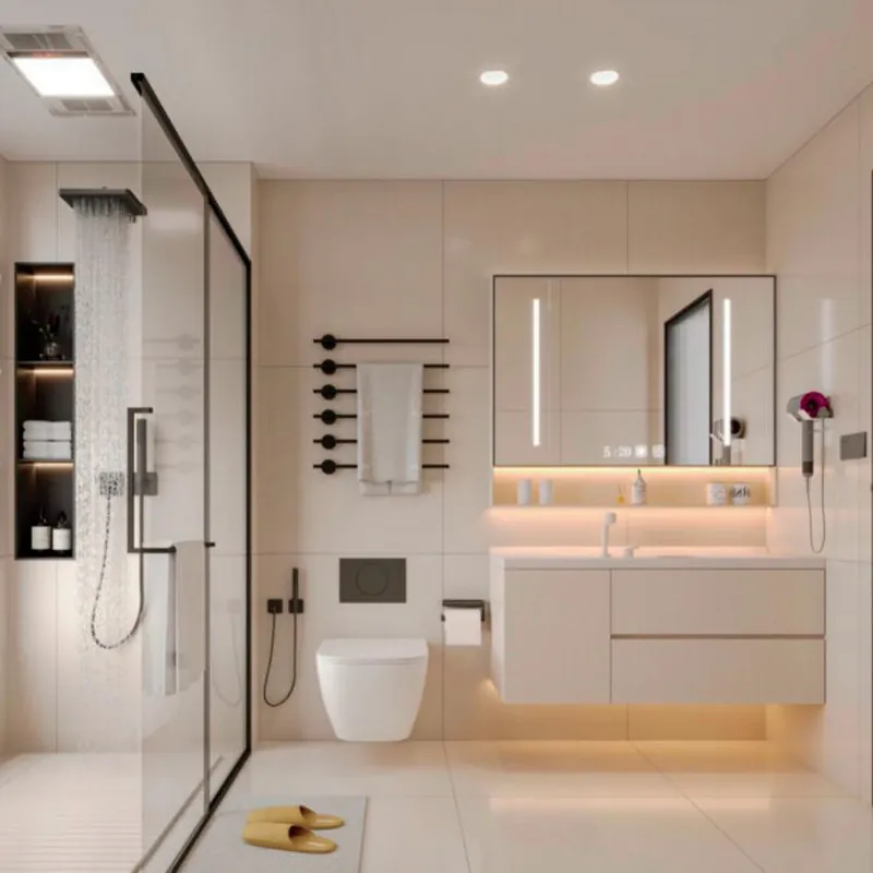 Warm White Compact Floating Vanity with Lit Mirror Custom Stainless Steel Bathroom Vanity FW-BV-013