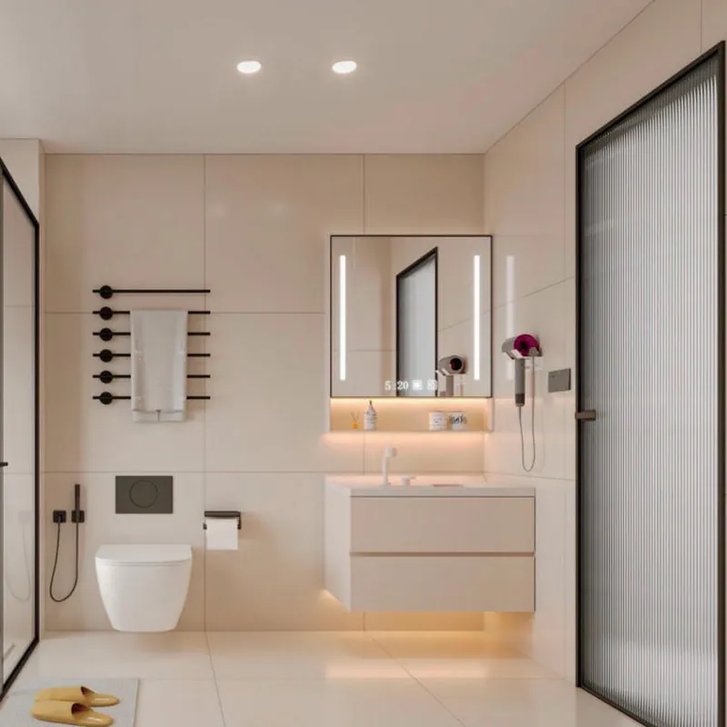 Warm White Compact Vanity with Display Niche Custom Stainless Steel Bathroom Vanity FW-BV-014