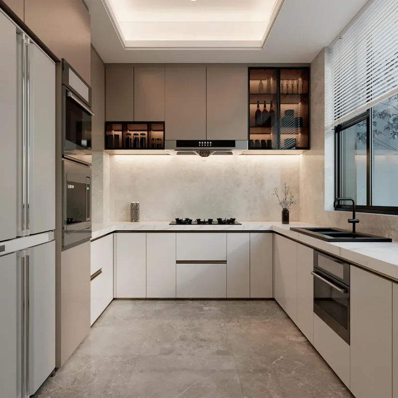 Warm White L-Shaped Kitchen Modern Stainless Steel Cabinets FW-MK-016