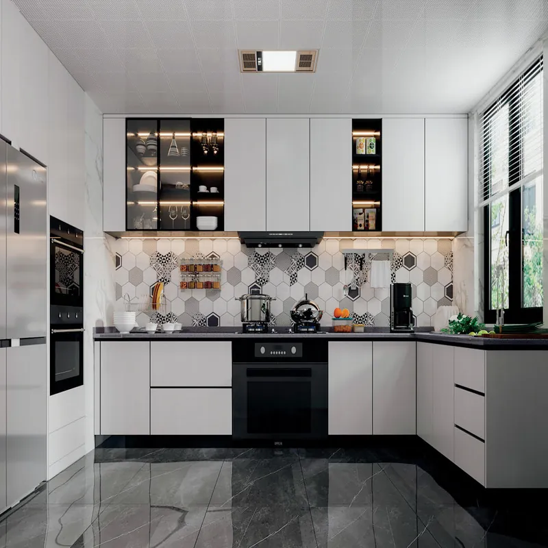 White and Black L-Shaped Kitchen Modern Stainless Steel Cabinets FW-MK-003