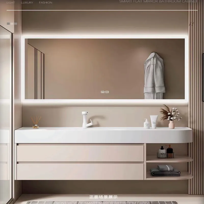 White and Blush Linear Vanity with Side Drawers Custom Stainless Steel Bathroom Vanity FW-BV-049