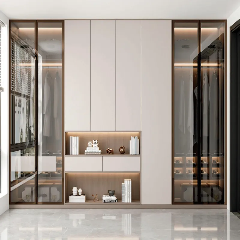 White and Bronze Wardrobe with Integrated Dresser Custom Stainless Steel Wardrobe FW-WD-025