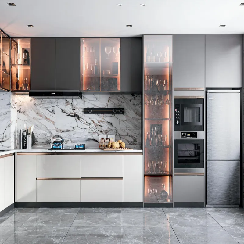 White and Charcoal L-Shaped Kitchen Modern Stainless Steel Cabinets FW-MK-008