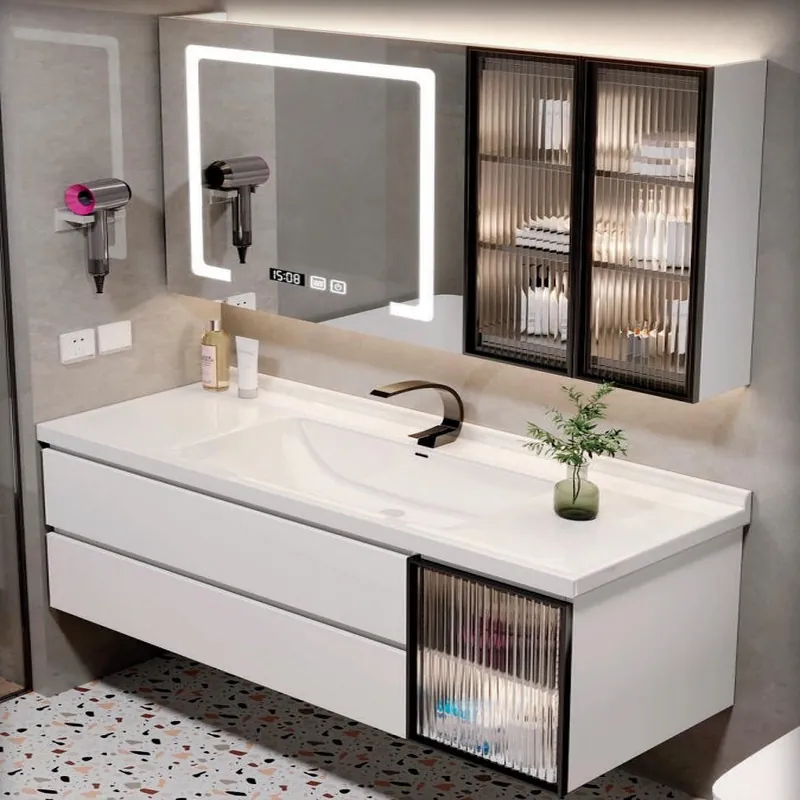 White and Charcoal Vanity with Dark Glass Cabinet Custom Stainless Steel Bathroom Vanity FW-BV-028