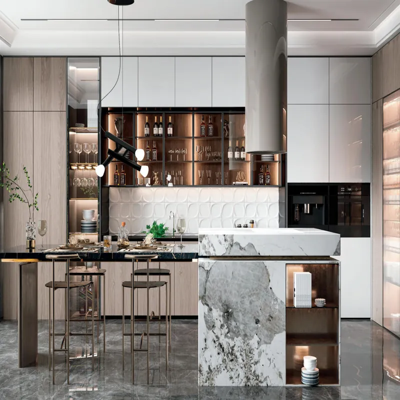 White and Graphite Island Kitchen Modern Stainless Steel Cabinets FW-MK-042