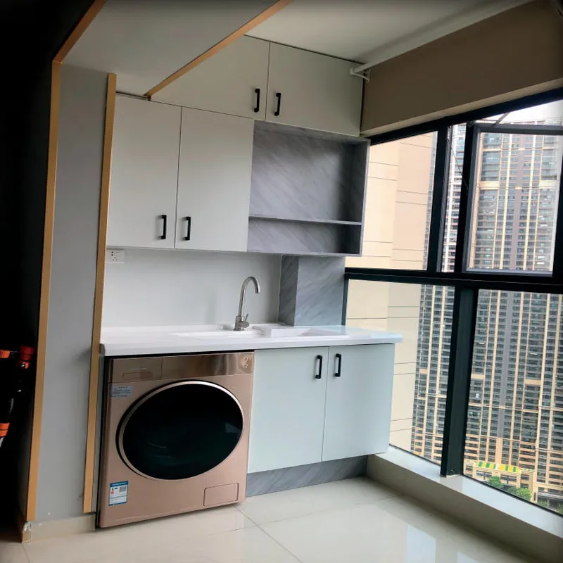 White and Gray Corner Laundry Cabinet Custom Stainless Steel Balcony Cabinets FW-BC-018