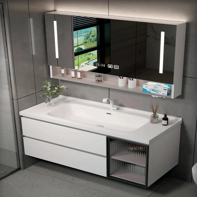 White and Gray Floating Vanity with Mirrored Storage Custom Stainless Steel Bathroom Vanity FW-BV-032