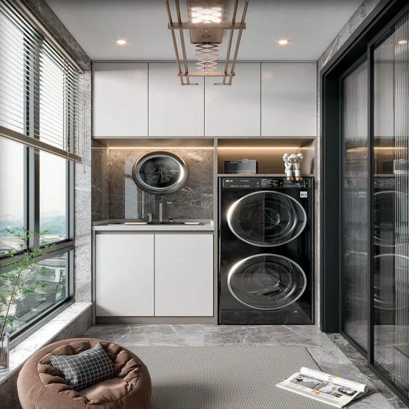 White and Gray Stacked Laundry Cabinet Custom Stainless Steel Balcony Cabinets FW-BC-004