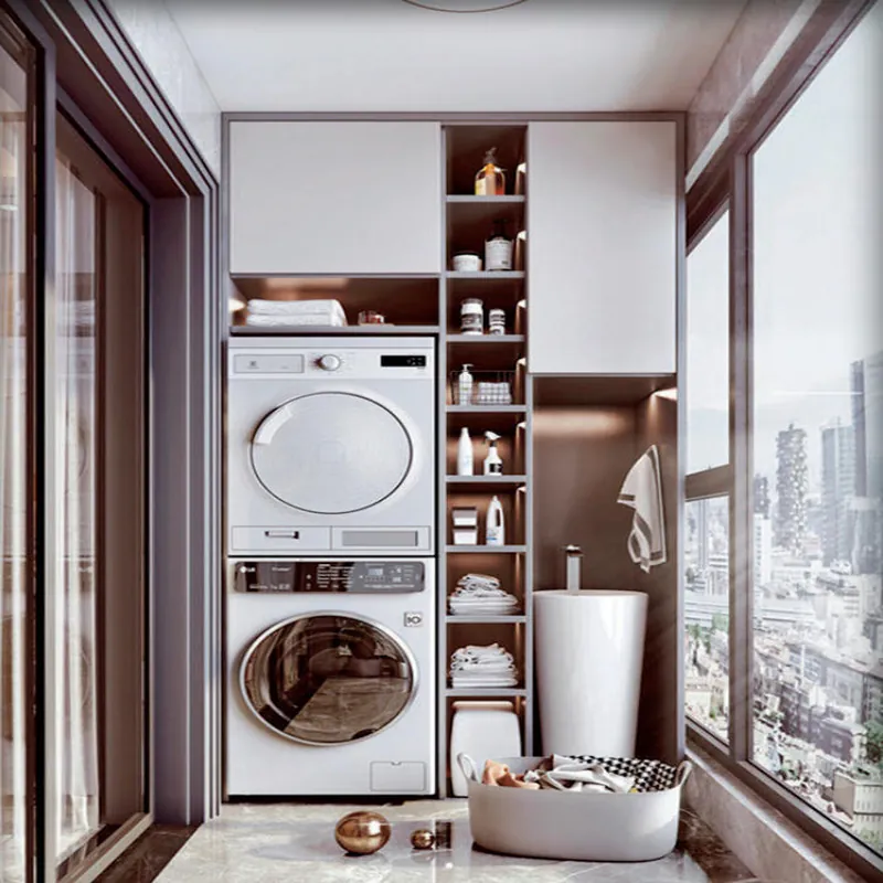 White and Gray Tall Laundry Storage Custom Stainless Steel Balcony Cabinets FW-BC-008