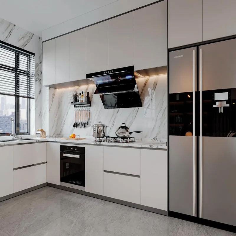 White and Taupe L-Shaped Kitchen Modern Stainless Steel Cabinets FW-MK-018