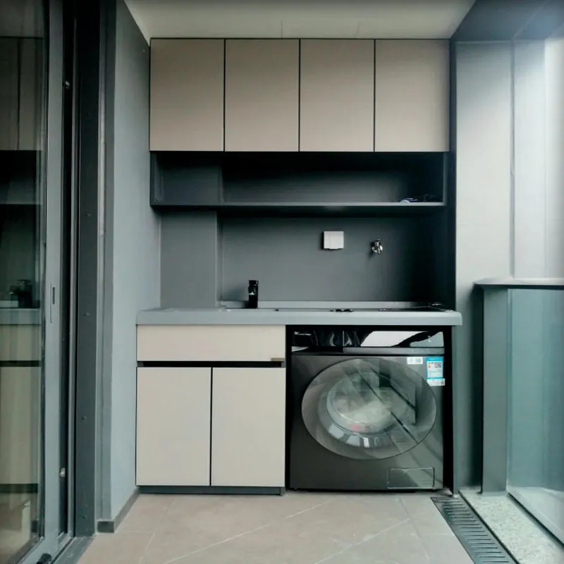 White and Teal Sink and Washer Cabinet Custom Stainless Steel Balcony Cabinets FW-BC-016