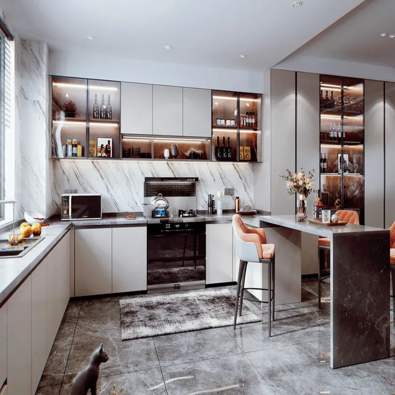 White and Walnut Island Kitchen Modern Stainless Steel Cabinets FW-MK-029