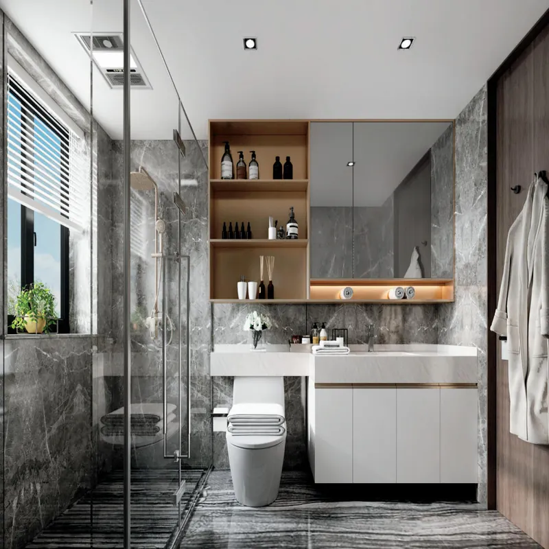 White and Walnut Vanity with Wall Display Shelves Custom Stainless Steel Bathroom Vanity FW-BV-064